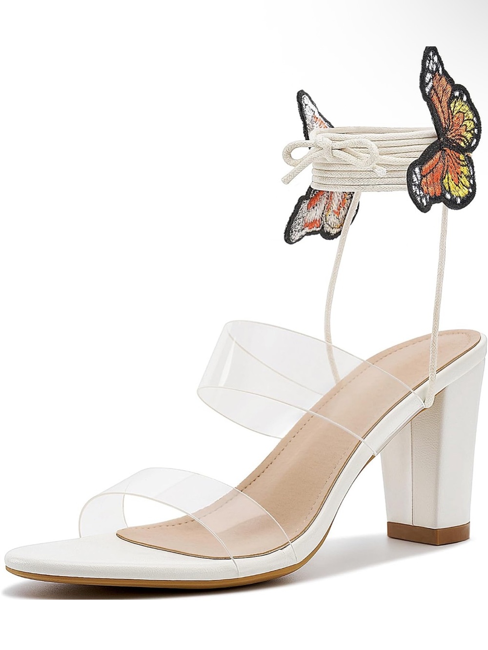 Aomigoct Butterfly Ankle-Tie Clear Strap Block Heel Sandals - White
